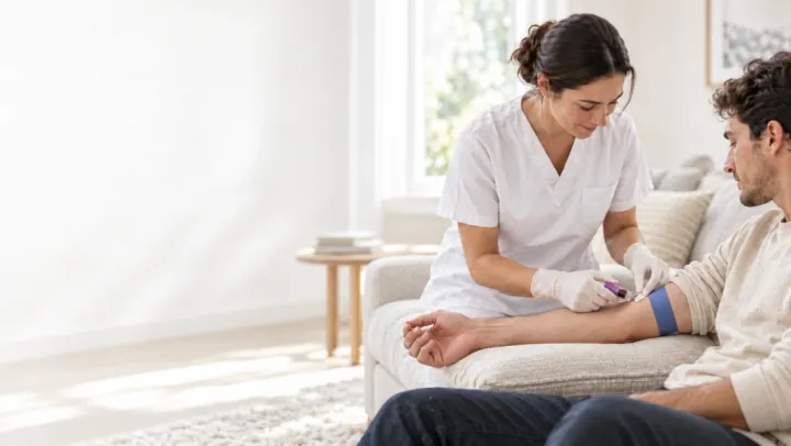 A nurse drawing blood from a man's arm as he sits on his sofa at home.
