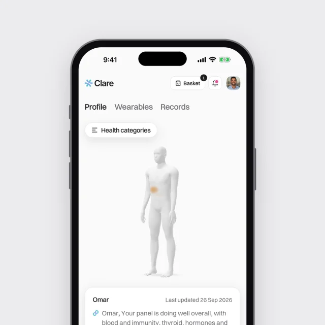 The Clare app on a phone, showing a body map of a member's health and a summary of their latest blood panel.