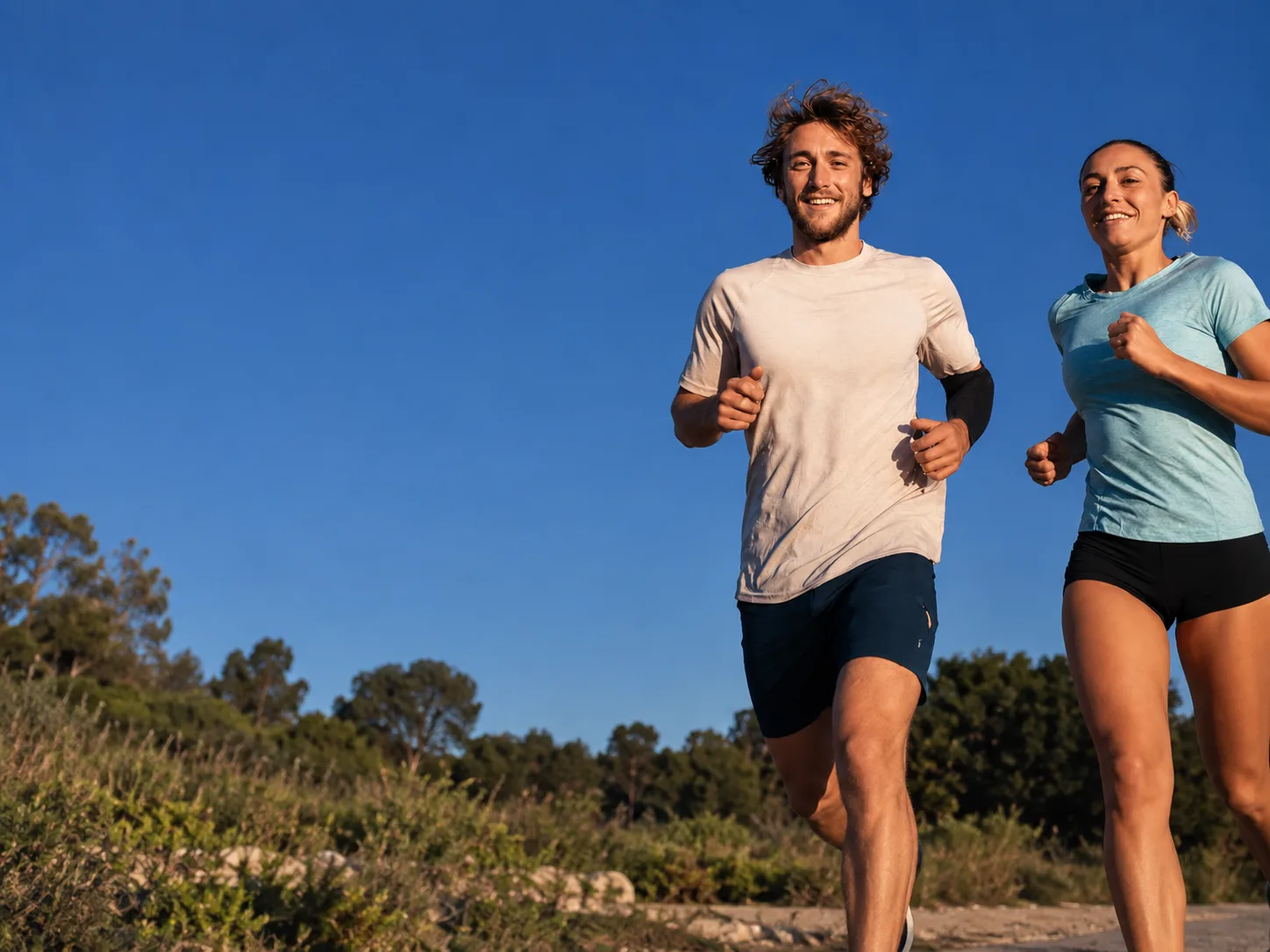 A man and a woman running together on a dirt trail under a clear blue sky.