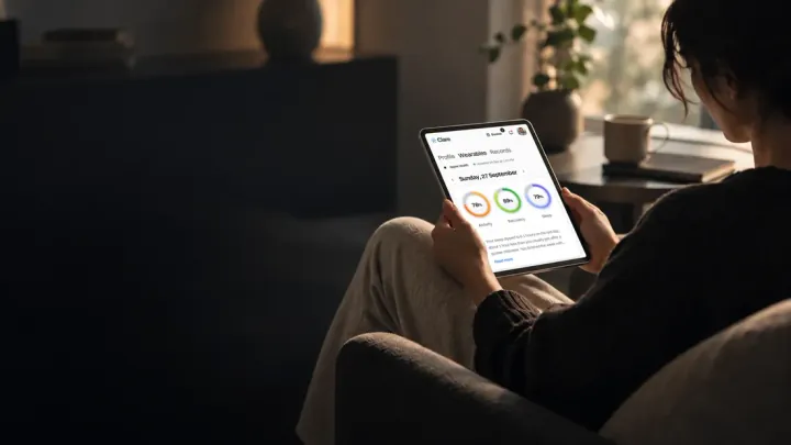 A woman in an armchair reading her health scores and trends in the Clare app on a tablet.