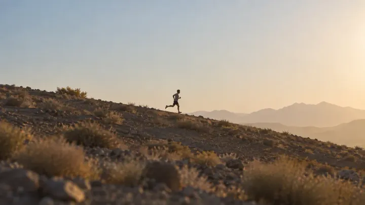 A lone runner on a desert ridge at sunrise, with mountains behind.