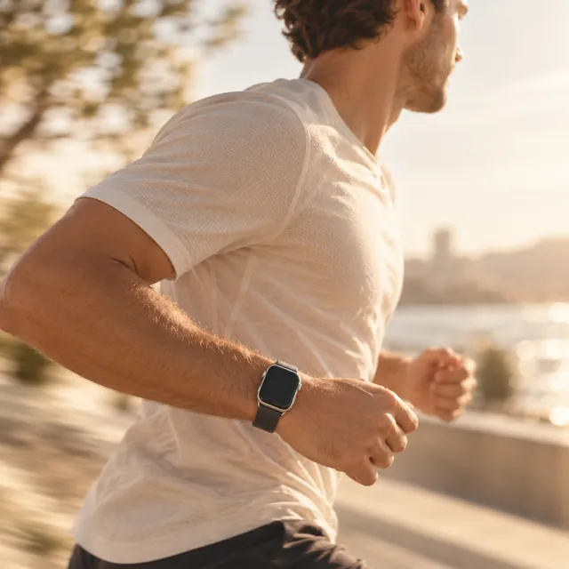 A man running along a seafront path at sunrise, wearing a smartwatch.