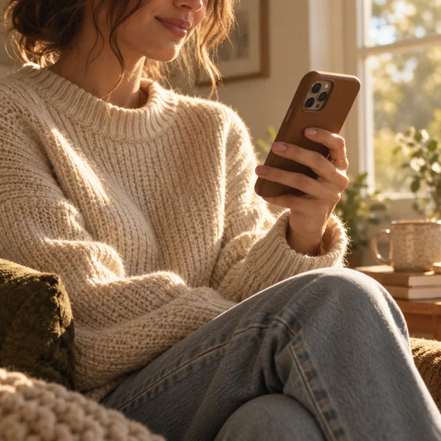 A woman in a knit sweater booking a blood test on her phone at home.